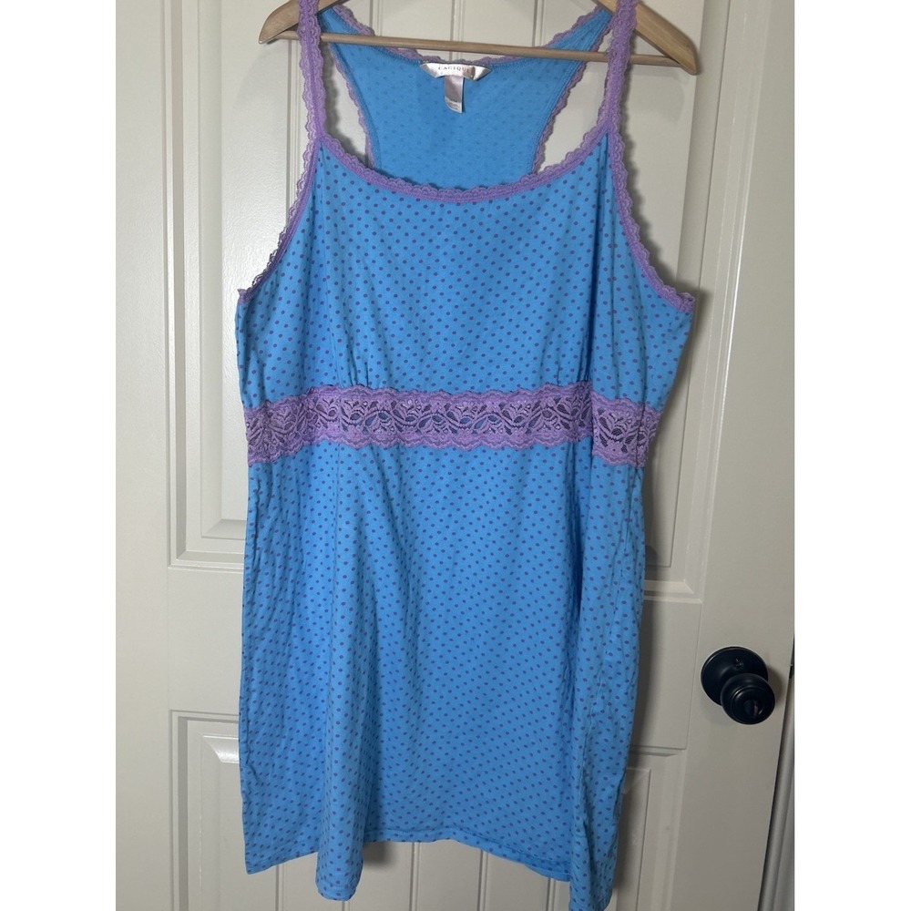 Cacique Women Slip Dress 22/24 Blue Babydoll Retro Lace Polka Dot Nightgown